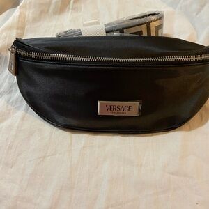 Versace Black Satin Logo Plaque Clutch